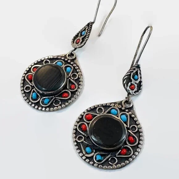 Black Earrings, Agate Aqeeq Stone, Afghan, Middle Eastern, Boho, Kuchi, Vintage - Picture 2 of 3